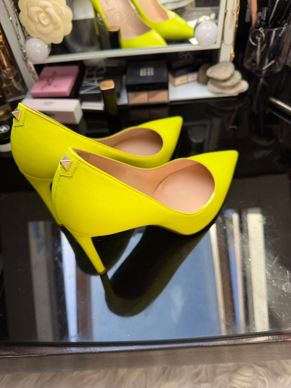 Valentino Neon Yellow Pointed Leather Pumps